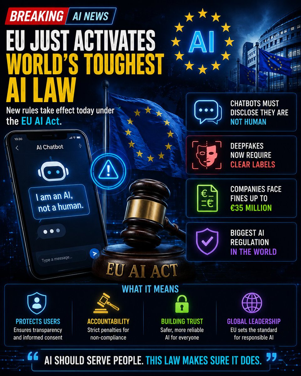 ai_tablet's tweet photo. 🚨 EU just activated the world's toughest AI law. Starting today, chatbots must clearly tell users they're not human, while deepfakes now require labels. Companies that break the rules can face fines of up to €35M. AI regulation just entered a whole new era.  #AI #AINews https://t.co/KtIQsHnq4M