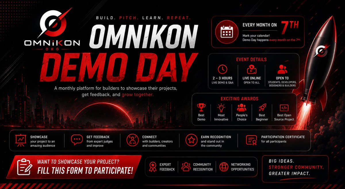 Rizzzhiii's tweet photo. 🚀 Building something cool? Demo it at Omnikon Demo Day! Join us every month on the 7th, get expert feedback, win awards, and connect with builders. Register now! 🔥
https://t.co/GgJ7xvQOpU https://t.co/W09FxshMLZ