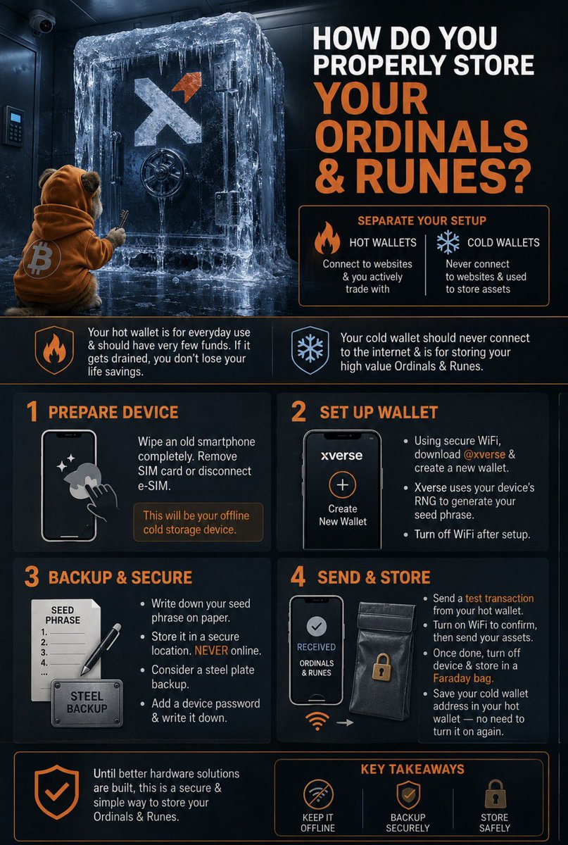 Relentless_btc's tweet photo. How do you properly store your Ordinals & Runes? 

As security & self custody comes back into the forefront of the Bitcoin conversation with the recent @COLDCARDwallet vulnerability, it’s important to discus safe practices for digital assets on Bitcoin.

Currently the only hardware device compatible with Ordinals & Runes is @Ledger paired with @xverse 

If you like more information on that solution I recommend reading these articles directly from each company.

Ledger: https://t.co/dBUrpR4cB3

Xverse: https://t.co/qtJ88g3qnt

I have chosen not to use ledger with Xverse & created a make shift cold storage wallet from an old iPhone X.

I will explain my process here to help anyone interested in protecting their assets & do not want to trust hardware devices.

First off, you should think of your setup as a separation between your hot wallets which connect to websites & you actively trade with vs cold wallets which you never connect to websites & use primarily to store assets.

Your hot wallet is your everyday use wallet & should have very few funds in the case you get drained you don’t lose your life savings. 

Your cold wallets should never connect to the internet & are primarily used to store your high value Ordinals & Runes. 

Step 1: Completely wipe an old smart phone, preferably your own to ensure it wasn’t tampered with. Remove the SIM card or disconnect the e-SIM. This will act as your cold storage hardware device that you will keep disconnected from the internet. 

Step 2: Using a secure WiFi connection, download @xverse & create a new wallet. Xverse relies on the RNG (Random Number Generator) from the device you are using to create your seed phrase so ensure your using a trusted model. I chose an iPhone X, Apple products a very high security model & can do the job. Turn off the WiFi once you’ve downloaded the app. 

Step 3: Write down your seed phrase on paper & store it in a secure location. DO NOT store it online or any electronic device. Your Xverse wallet already has a backup of your seed phrase stored in the app. You can stamp your seed phrase on a steel plate in the case you lose your device or suffer from a house fire that destroys your device/paper copy. Add a password to your device for added security & make sure to have that written down if you risk forgetting the password.

Step 4: Once your wallet is set up & you have your private seed phrase saved in a secure location you can now begin to send funds & assets to your device. Do a test transaction from your hot/trading wallet to your cold storage. You will have to turn on your secure WiFi to see if it reaches the device. Once you’ve sent all the assets you wish to store in cold storage to your device, you can now turn it off & put it in a faraday bag for added security. Xverse allows you to save the public address of your cold storage device to your hot wallet device so you will never have to turn on your cold storage to send funds/assets.

For now until better hardware solutions are built, this is a sufficient way to store your Ordinals & Runes in a secure way. 

Stay safe. $DOG