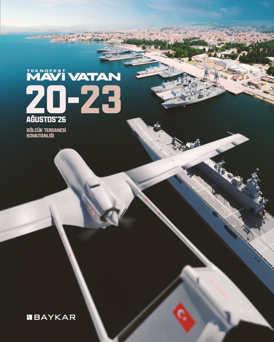 BaykarTech's tweet photo. Göklerden denizlere… 🌊✈️

Engin maviliklere gönül veren milletimizle buluşmak için #TeknofestMaviVatan‘dayız. 🚀

🗺 20-23 Ağustos’26 | Gölcük Tersanesi Komutanlığı

From the skies to the seas… 🌊✈️

We'll be at #TeknofestBlueHomeland to meet our nation, devoted to the vast blue seas. 🚀

🗺 August 20-23, 2026 | Gölcük Naval Shipyard Command