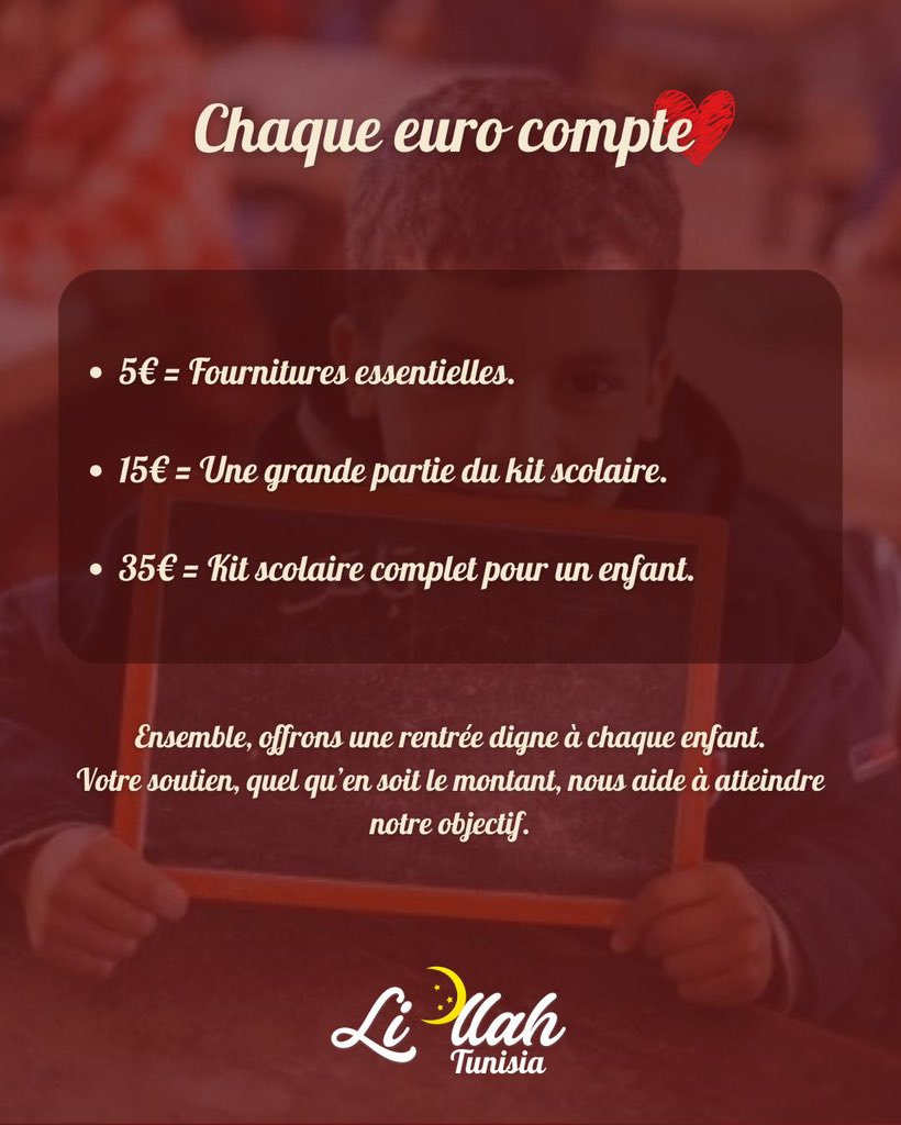 li_llah_'s tweet photo. 🎒Cette rentrée, changeons la vie de 400 enfants 🇹🇳

Notre objectif : distribuer 400 kits scolaires pour permettre à chaque enfant de commencer l’année avec sérénité 🥹 

Ensemble, offrons-leur une rentrée digne.
 
La cagnotte est dispo en dessous 🥹 https://t.co/J3lZSr5US6