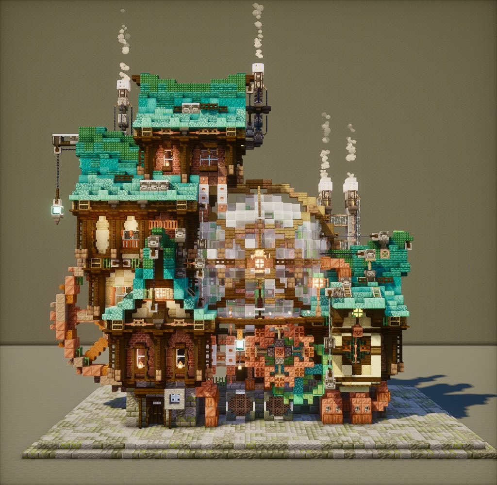 GABU_CHAN01's tweet photo. #マイクラ建築 #マインクラフト #minecraft
スチームパンク風の家を作ってみました！!
 
中央のガラス球体を囲うように建築してみました( *¯ ꒳¯*)ﾄﾞﾔｧ https://t.co/Fhc0VLuh43