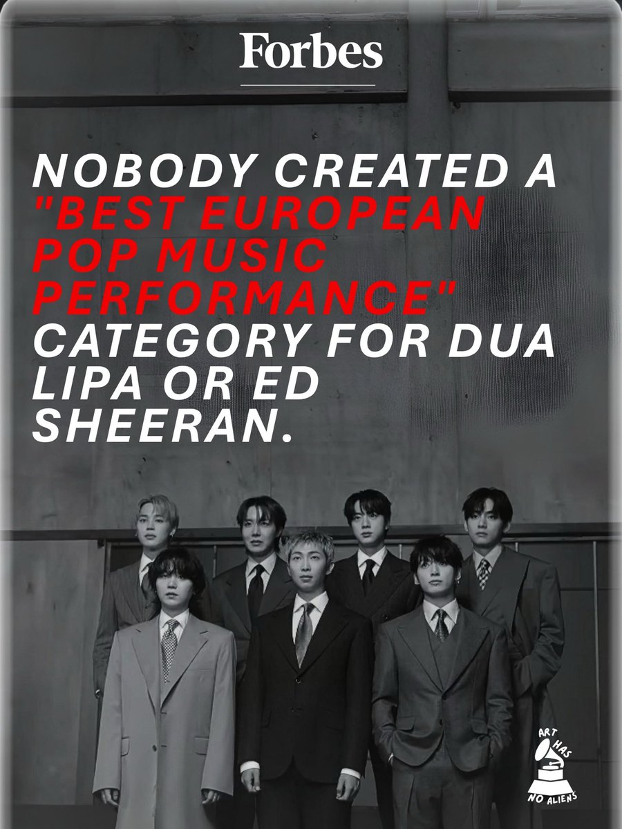 7adorablereps's tweet photo. “Nobody created a “Best European Pop Music Performance” category for Dua Lipa or Ed Sheeran.”

- Forbes Magazine

#Grammys #BTS #ArtHasNoAliens https://t.co/AtmGN47OAM