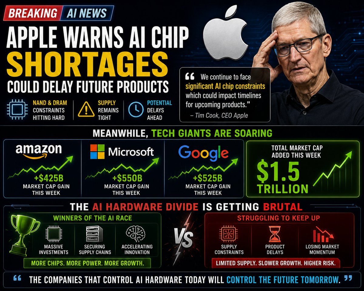 ai_tablet's tweet photo. 📉 Apple just warned AI chip shortages could delay future products as NAND and DRAM supply remains tight. Meanwhile Amazon, Microsoft and Google added a combined $1.5 trillion in market value this week.  AI hardware gap is widening faster than ever. #Apple #AIHardware #TechNews https://t.co/IAyxuhpYG6