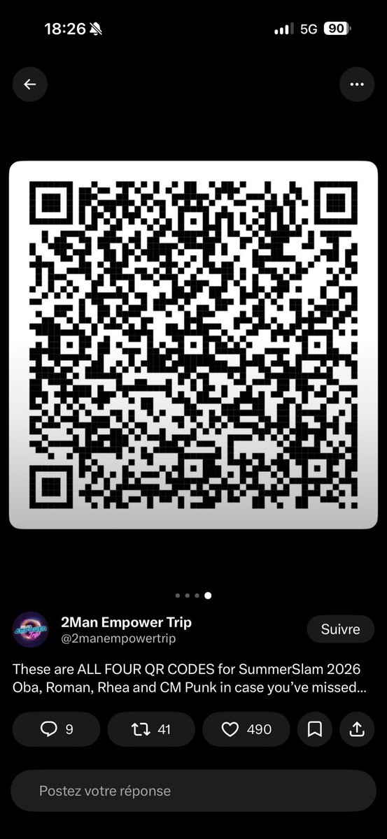 WWESuperCardFR_'s tweet photo. 4️⃣ Nouveaux QR Codes sont disponibles sur #WWESuperCard! 

👉1x Roman Reigns #SummerSlam ‘26
👉1x CM Punk SummerSlam ‘26
👉1x Rhea Ripley SummerSlam ‘26
👉1x Oba Femi SummerSlam ‘26

📸@2manempowertrip https://t.co/htRGyXELJ6