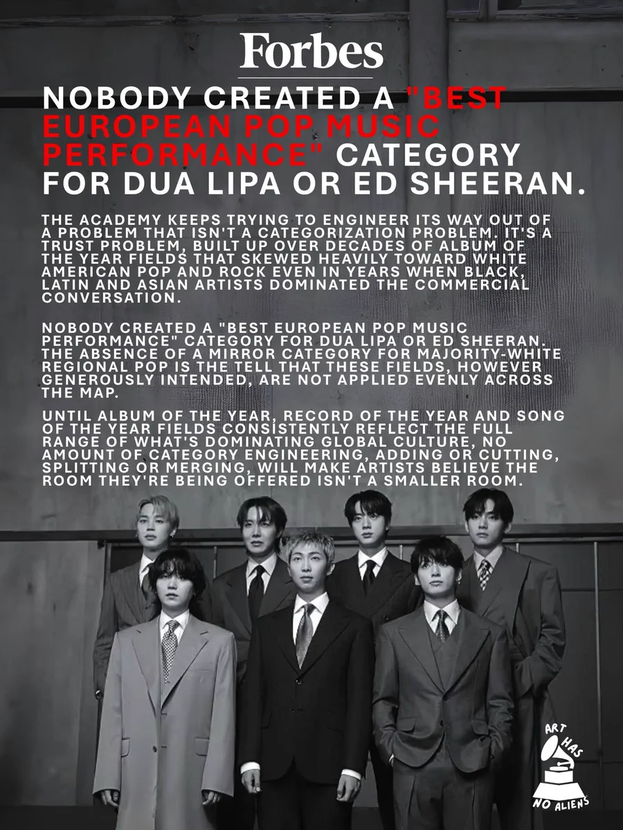 dictator mbapbella on X: "“Nobody created a “Best European Pop Music  Performance” category for Dua Lipa or Ed Sheeran.” - Forbes Magazine  #Grammys #BTS #ArtHasNoAliens https://t.co/IJZj8Otgh3" / X