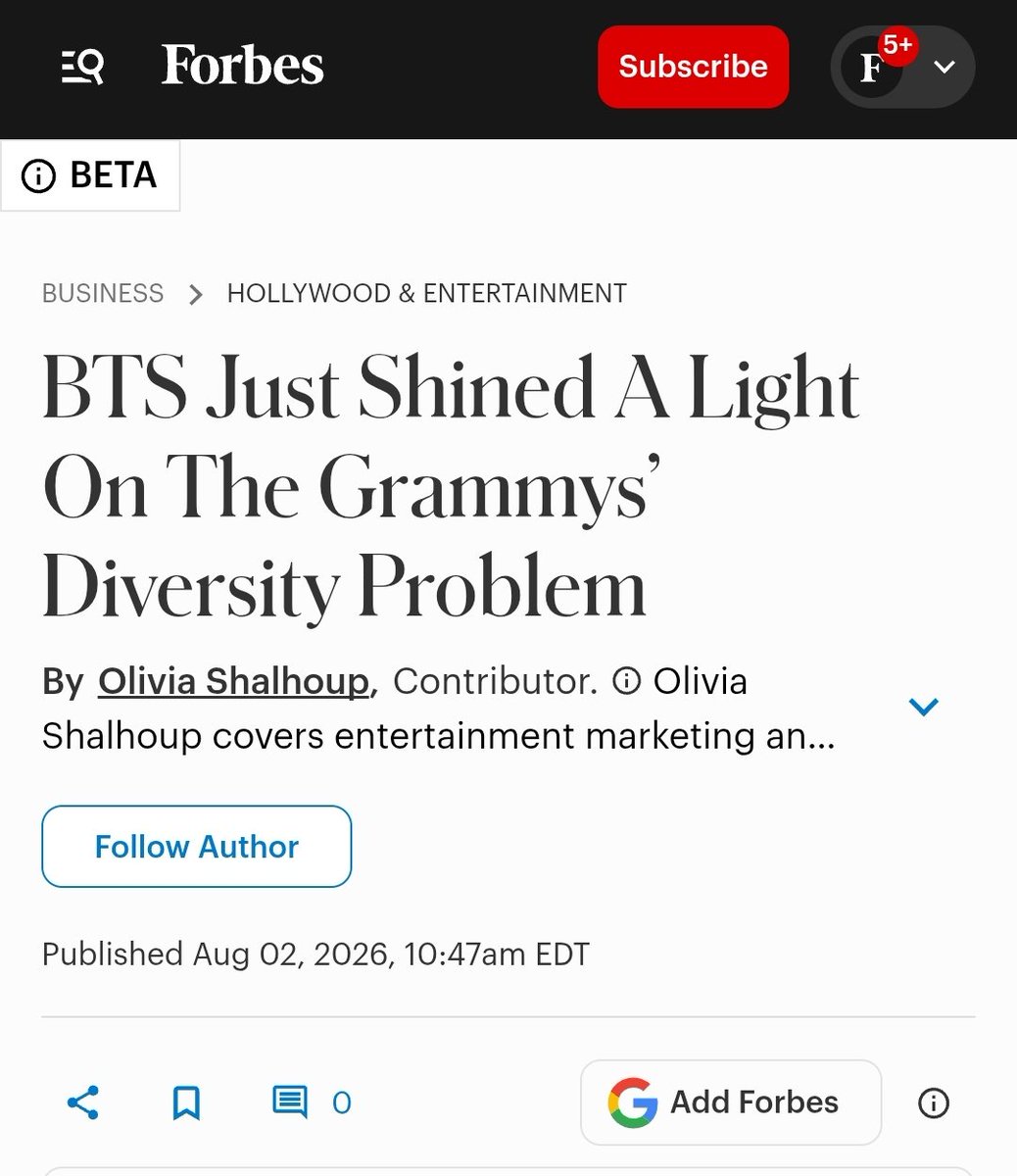 Yoon_kookie97's tweet photo. [Forbes] “BTS didn’t just skip an awards show, they named the actual question the Grammys have been dodging for over a decade: does this institution want to sort music by identity, or does it want to trust identity not to determine the outcome in the categories that matter most?+ https://t.co/gAmfiPEKP0