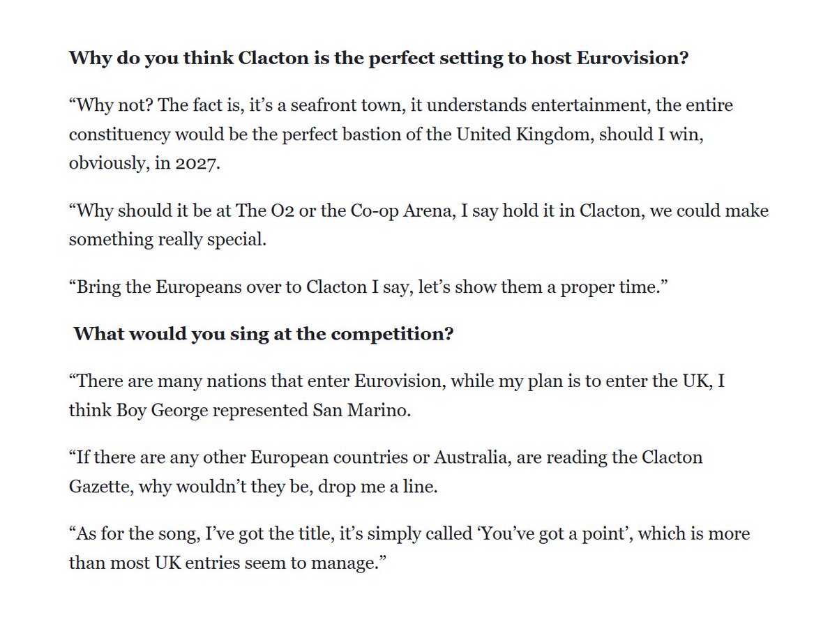 ESCFent's tweet photo. Count Binface to the @ClactonGazette on his Eurovision-related campaign promises: https://t.co/40P8O8VYRp