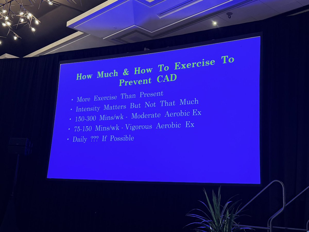 DrMarthaGulati's tweet photo. Dr. Paul Thompson at #Aspc2026 speaking on how much exercise
🏃Exercise is today’s Best Buy in public health
🏃‍♀️exercise ⤵️ CV events: affects CV risk factors & benefits in those with CVD who do Cardiac Rehab
🏃‍♂️Exercise at extremes: benefits less at higher levels of activity 
🏃dose is daily, do more, just move