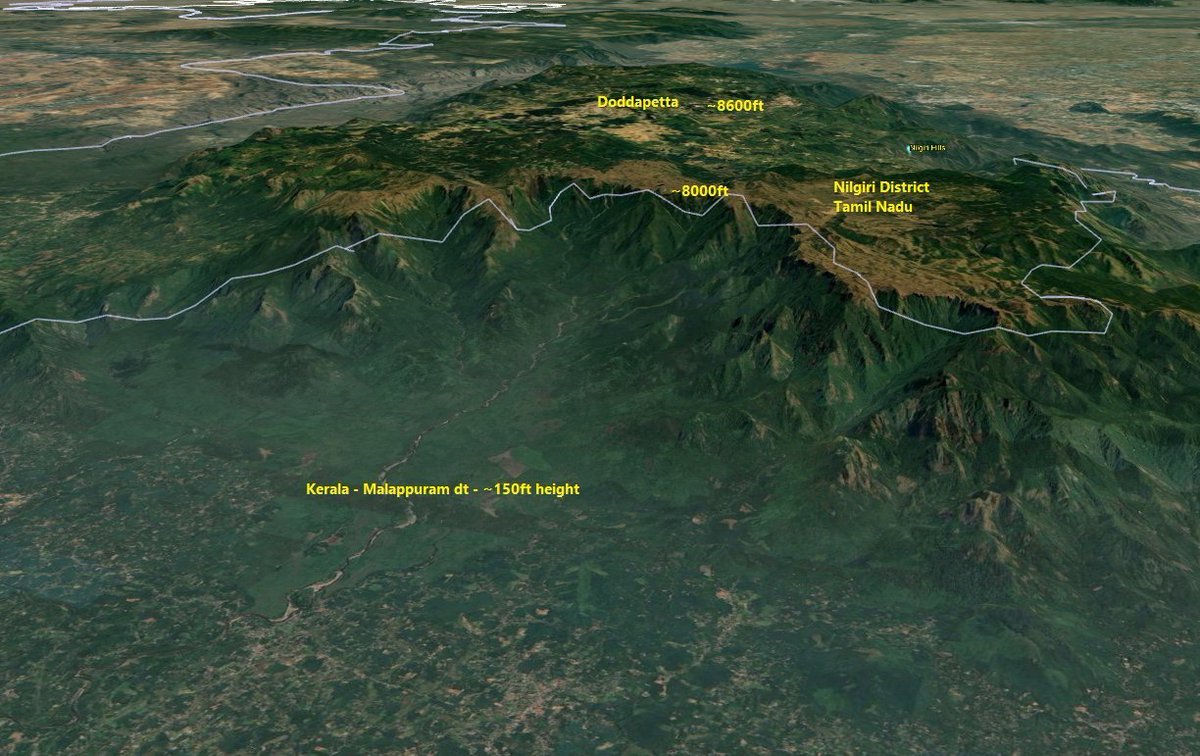 TNGeography's tweet photo. The western Nilgiris has the steepest altitude gradient in the non-Himalayan India. Here, the height goes from 8000+ft at Nilgiris (western catchment, Tamil Nadu) to just 160ft in the Malappuram dt of Kerala, gradient of 7840ft within few km distance https://t.co/lssvYasSvu