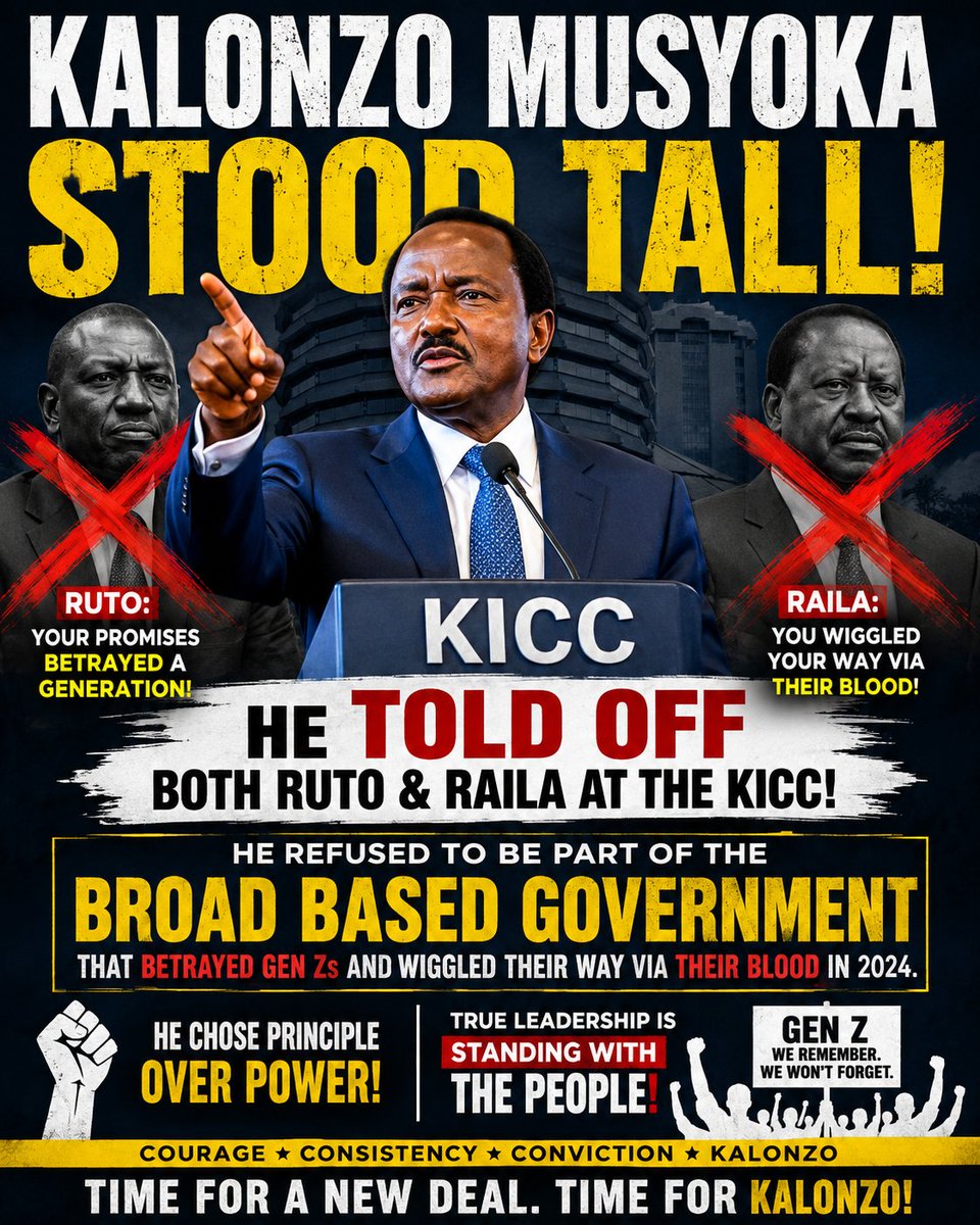 kingethuk's tweet photo. Kalonzo Musyoka stood his ground at KICC, openly challenging both Ruto and Raila and declining to join the Broad-Based Government.

He flatly refused to associate himself with an arrangement  that emerged in the wake of the 2024 Gen Z protests and the loss of young lives.

That tough decision has become one of the defining moments of his political positioning.

#KomboaKenya