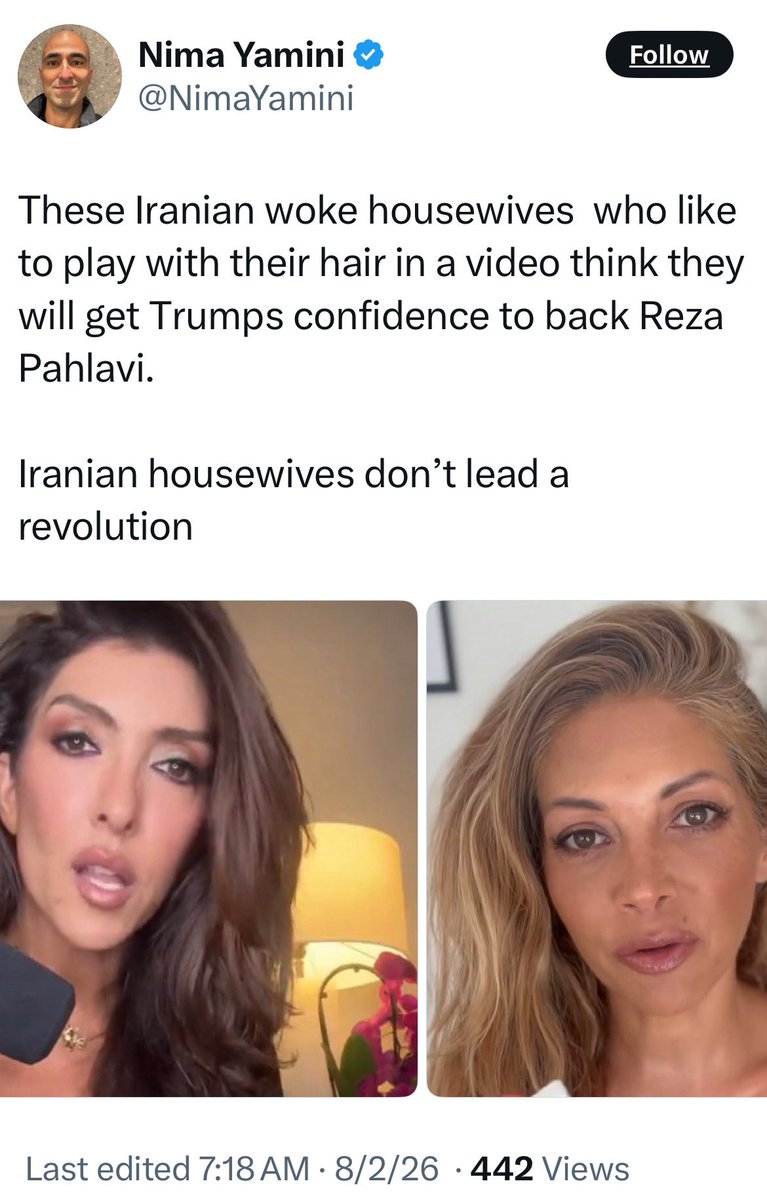 kusha_alagband's tweet photo. The same man who spent months DM’ing us to meet, collaborate and boost his podcast now calls us “Iranian woke housewives who play with their hair.” I’m not “woke” and I’m not a housewife, but even if I were, that wouldn’t make me any less capable of leading, organizing or advocating. When you reduce women to their marital status and their looks, you’re not doing activism, you’re just showing your own misogyny # this man is unhinged. @JafarianMona @emilykschrader