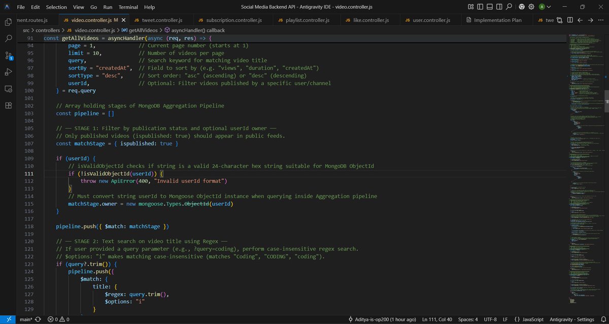 Aditya_codez's tweet photo. #RoadToSDE β Day 10 πMore progress on my Social Media Backend API assignments given by @Hiteshdotcom .
β
Healthcheck and
β
Video Controllers
βοΈ Cloudinary Uploads
π MongoDB AggregationsNext: Comments, Likes & Playlists. πͺ#LearnInPublic #NodeJS #MERN #BackendDevelopment https://t.co/uR3Fcmpgur
