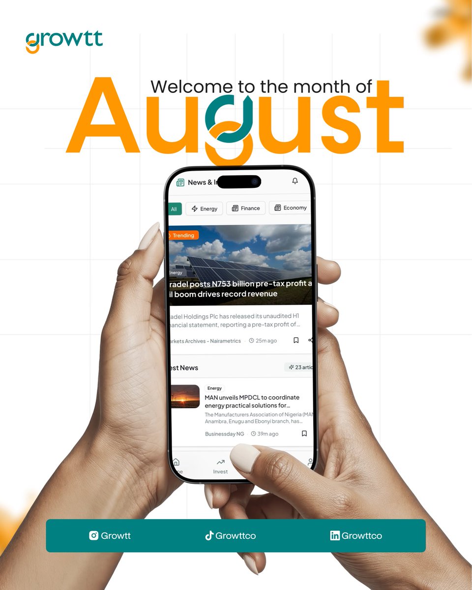 GrowttCo's tweet photo. August represent the month number 8, which means the month of new beginnings and Growth. We pray this month brings all the good things lost to you and yours. 

Our Growtt platform is officially live, head on to https://t.co/QgPPIDUXaR to sign up and read top business news. https://t.co/RGMHNaokBH