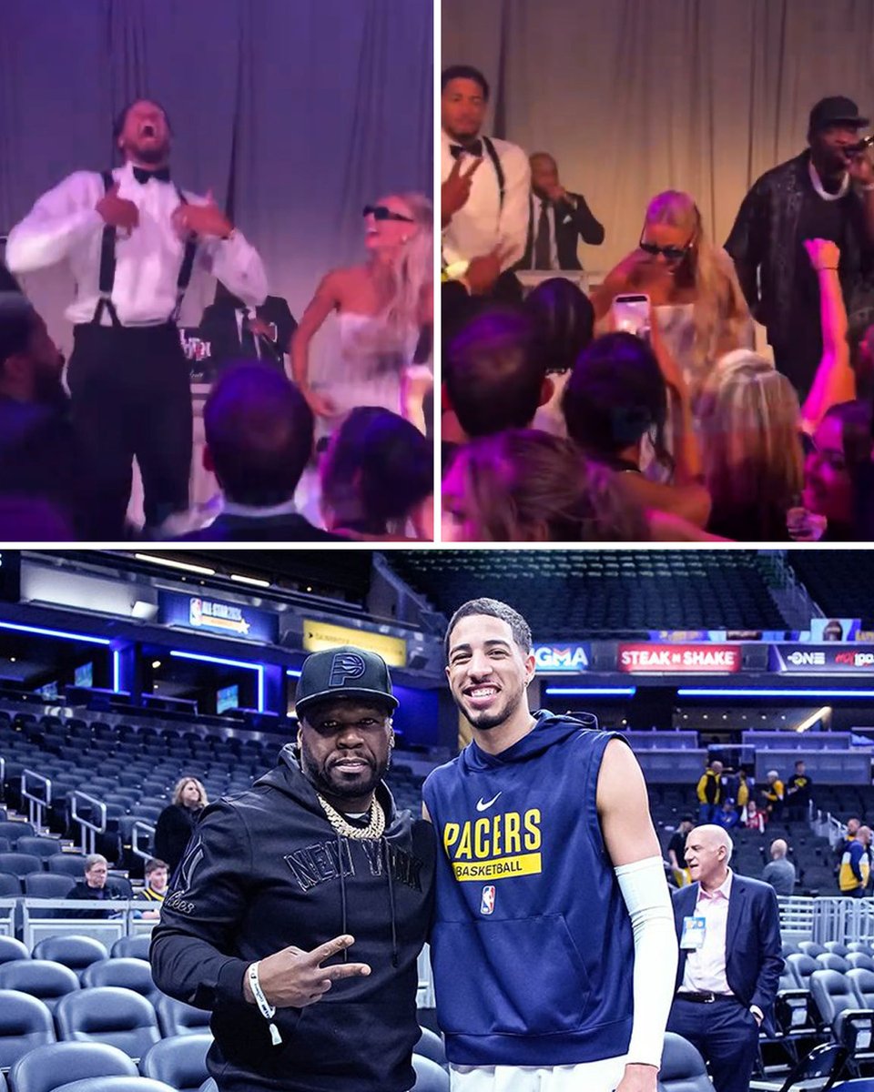 YahooSports's tweet photo. Full circle moment for Hali 🔥

Tyrese Haliburton and 50 Cent met three years ago before a Pacers game. Last night, he performed at the star's wedding with Jade Jones 🗣️ https://t.co/q4hBTiVBah