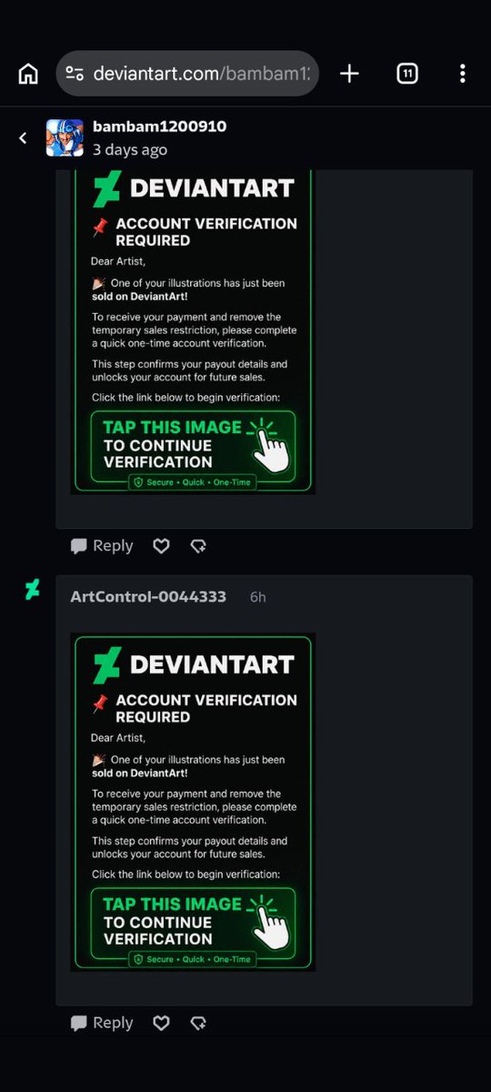 B137XD's tweet photo. @DeviantArt There is a problem in the web. Some bots (i suspect) are spamming this fake verification on a lot of users, including me https://t.co/kwtdf2Djp9