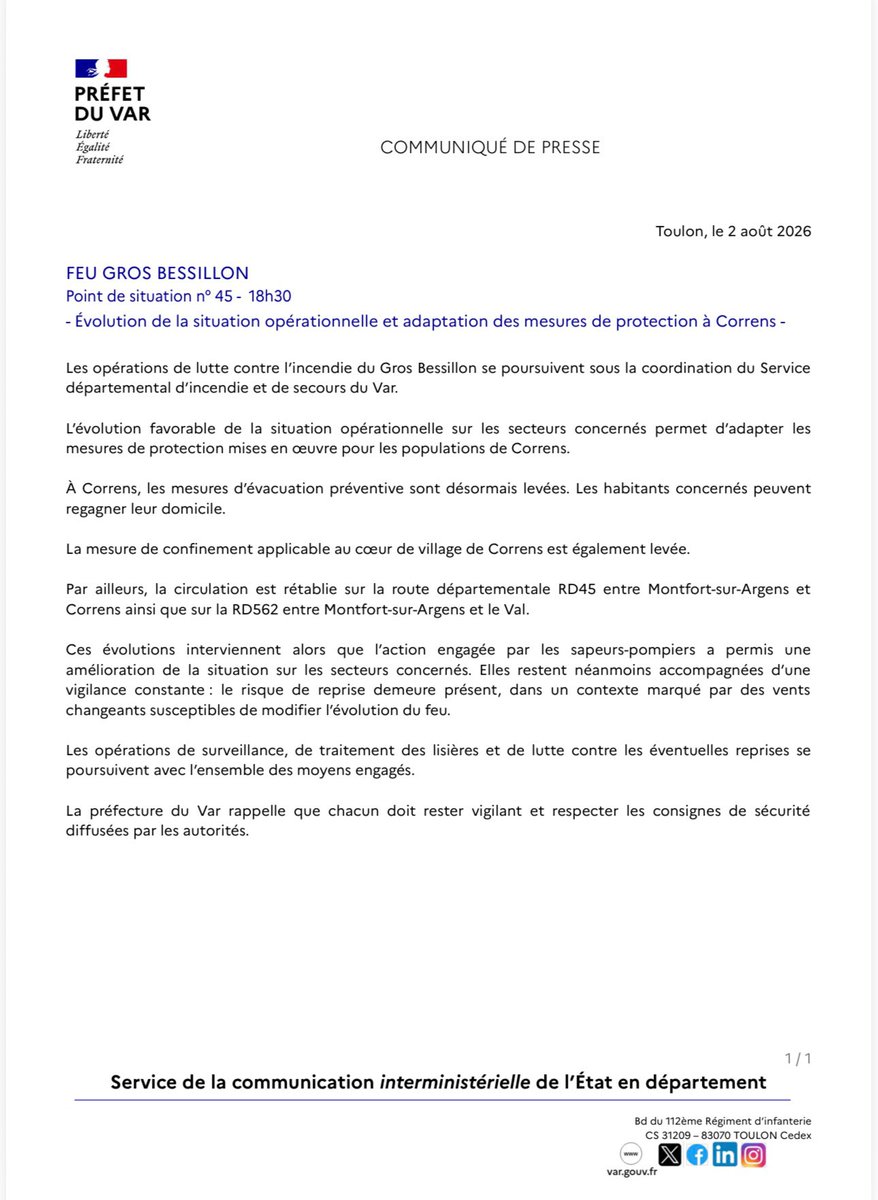 Prefet83's tweet photo. #Feu #GROSBESSILLON | Dimanche 2 août  - 18h30      ✔ Point de situation
> Évolution de la situation opérationnelle et adaptation des mesures de protection à Correns 👉 https://t.co/Cdw4cRZByE https://t.co/CLsARMdWHA