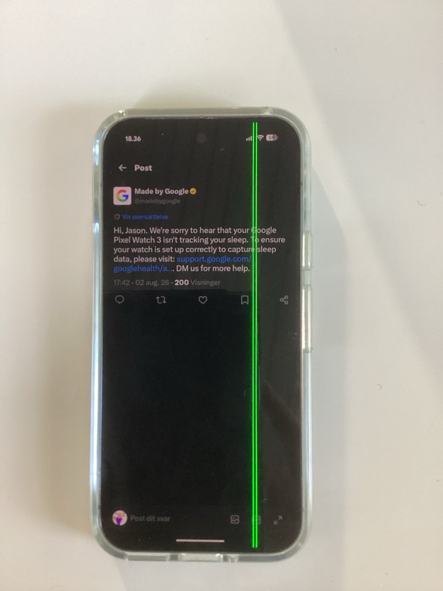 hagenborg's tweet photo. My Pixel 9 Pro har these green lines. I read that @Google   @madebygoogle will fix it for free. 🙃
But living in Denmark that's an easy promise for them to make, because it would require giving up your phone for weeks. And that's clearly not an option.🥺 https://t.co/VseOs54lBU