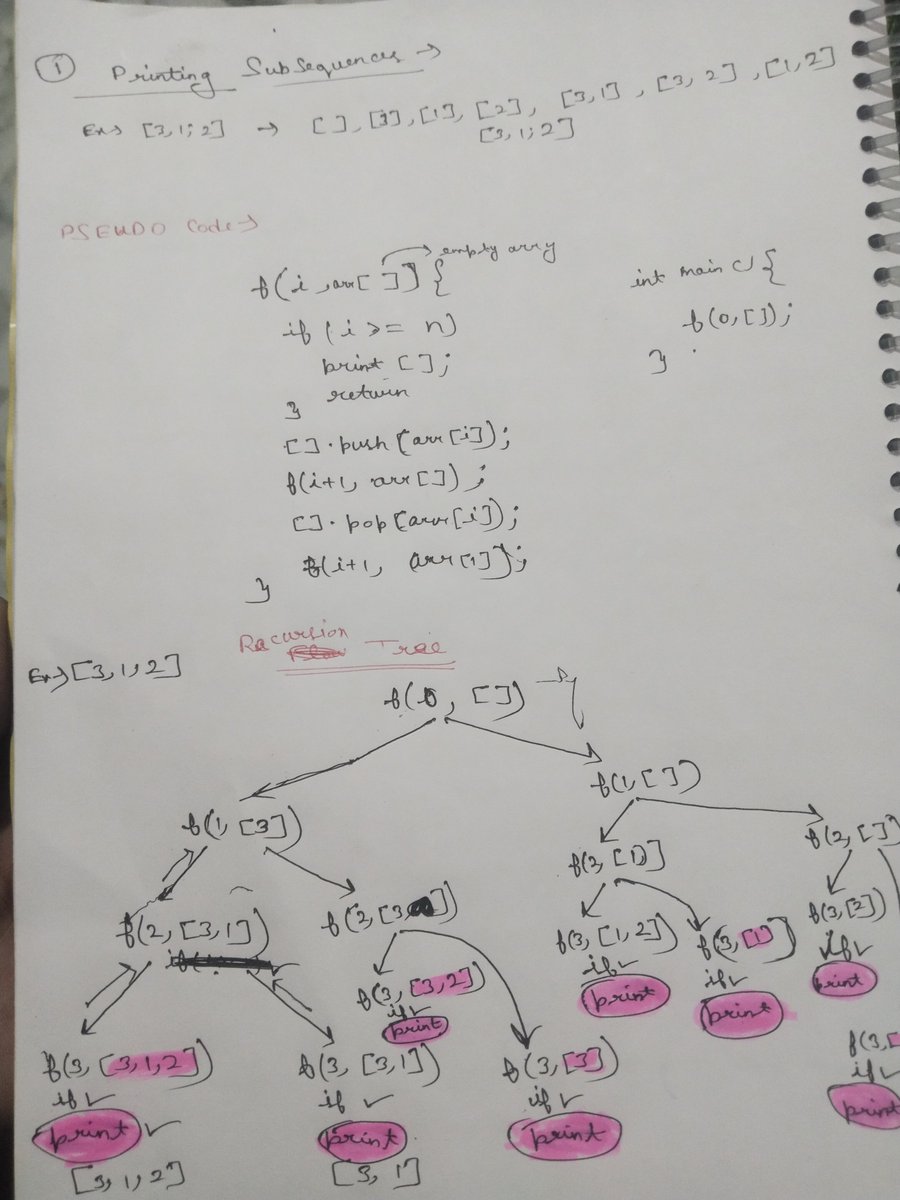 adiitya90's tweet photo. Day-5 of my 30 days DSA challenge 

Today I solved two problems -

Print subsequence in recursion 
Print subsequence of sum K
Thanks @striver_79 for making it so easy to understand 'pick and not pick' method.
#dsa #striver #takeuforward #recursion https://t.co/YXbO9pFtqR