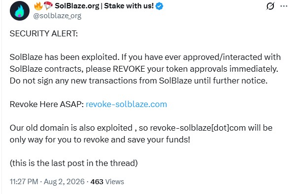 Nerudz's tweet photo. Revoke your approvals immediately in https://t.co/xJVMzAFYhV , if you used Solblaze before man... 

Sending this to you first cause I know you were in it.‌‌‍​‌‌ https://t.co/c0qelLdA1r