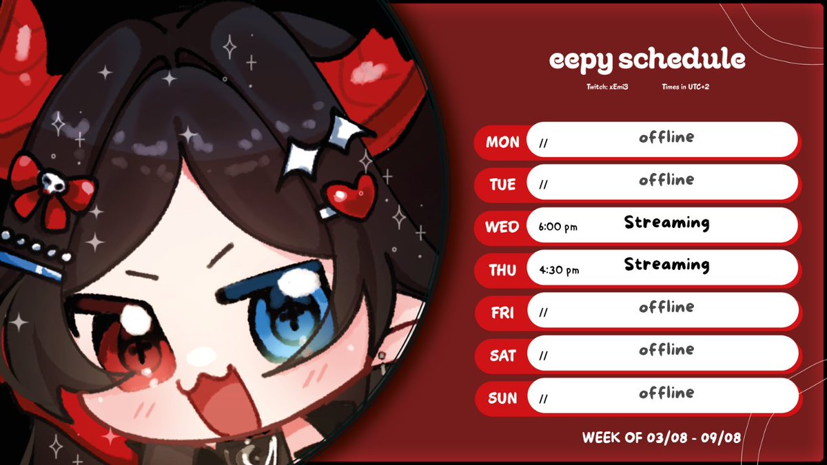 xemi3x's tweet photo. ❥~ schedule 03/08 - 09/08~   

❥~ https://t.co/f3pDNEfUgV
❥~ WED: 6pm UTC+2 
❥~ THU: 4:30 pm UTC+2 https://t.co/BCGF6vwkZt