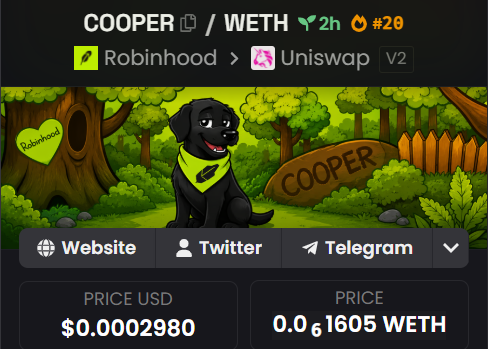 cooperdogrh's tweet photo. 🔥 $COOPER has entered the Dexscreener Hot Pairs.

Robinhood's official loyal office dog is picking up momentum on Robinhood Chain. The pack keeps growing, and we're just getting started.

🐶🪶
https://t.co/op0rZOkVtS https://t.co/9rjtwUCNbS