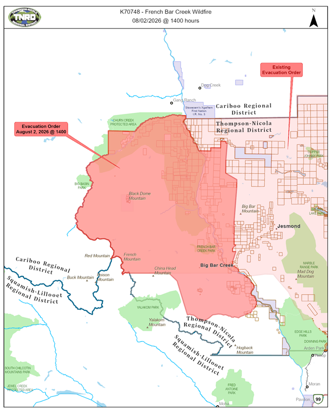 EmergencyInfoBC's tweet photo. The Thompson-Nicola Regional District (TNRD) has expanded an Evacuation Order due to the French Bar Creek (K70748) #BCWildfire. Impacted people must leave NOW.

There are now approximately 10 addressed TNRD properties on Evacuation Order due to this fire. 

More info: https://t.co/AqTFFzrMTQ #BC