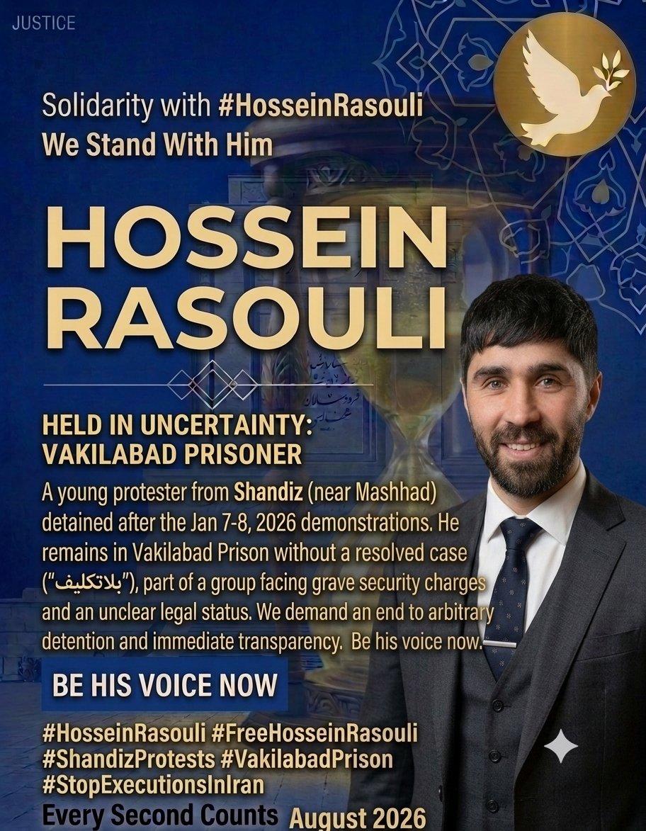 VianaAriayi's tweet photo. 🚨 Heavy sec charges &amp; lack of transparency threaten the lives of young protesters from #Shandiz (Mashhad) detained after the Jan 2026 demonstrations.
#HosseinRasouli remains held in extreme uncertainty and arbitrary detention in Vakilabad Prison without a resolved case. https://t.co/vb1AhDJ8QD