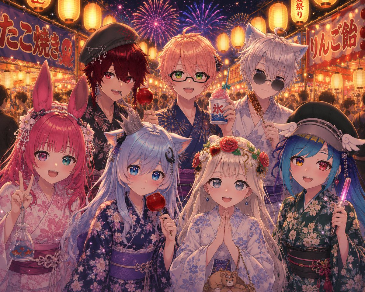alexspaper's tweet photo. 夏なんでみんなで夏祭りに行ってるイラストをチャッピーに描いてもらいました https://t.co/7pkiYZidY0