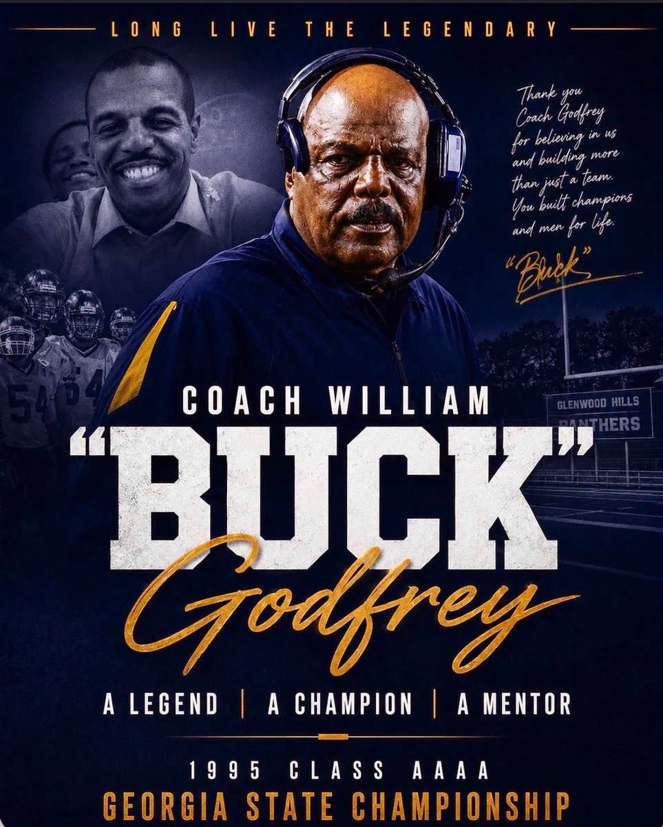 DekalbRecruits's tweet photo. Southwest Dekalb HS (GA.) LEGEND Coach William “Buck” Godfrey has passed away at 83.  (1943-2026)🕊️

• 274 Wins (Most in Dekalb County Schools History)
• 12 Region Titles 
• 1995 4A State Champs
• Atlanta Sports / GACA Hall of Fame

Panthersville Stadium in DeKalb County was renamed "William 'Buck' Godfrey Stadium" in his honor in 2015.