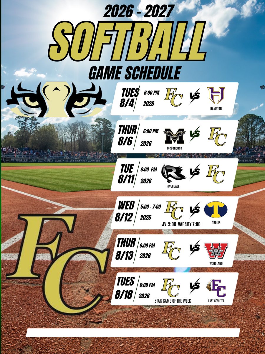 FCHSTIGERSPORTS's tweet photo. Lady Tigers Softball Schedule for August 4th- August 18th. #GOTIGERS 🖤💛 https://t.co/ilOerIa2eX