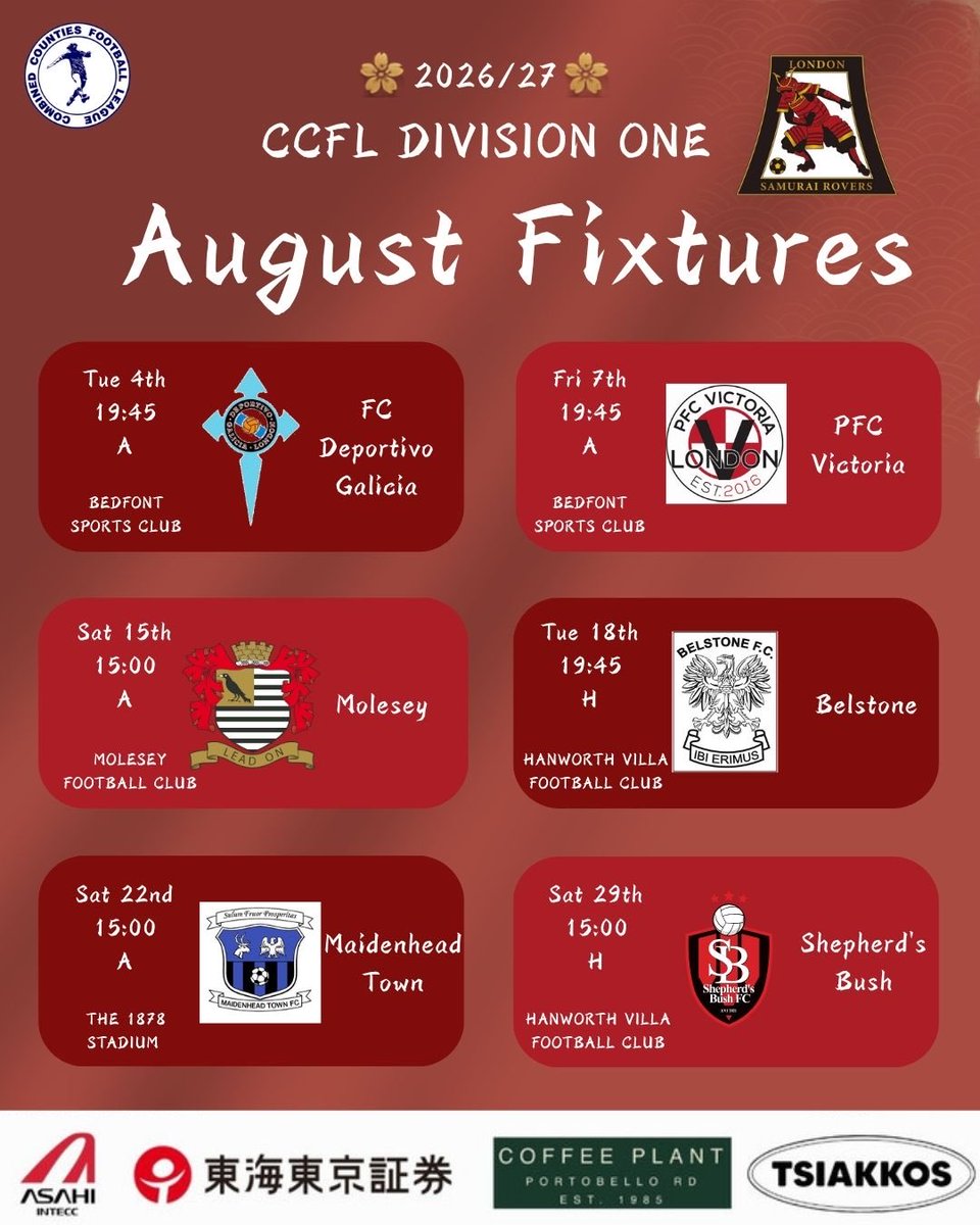 Samurairovers's tweet photo. ⚽️August FIXTURES⚽️
#LETSGOSAMURAI🔥
#LONDONSAMURAIROVERSFC
#ASAHIINTECC
#東海東京証券
#TSIAKKOS
#COFFEEPLANTPORTOBELLO https://t.co/QLY39nktuQ
