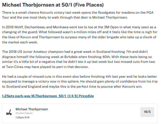 Betgolfworld's tweet photo. 1.25pts each-way Thorbjornsen 50/1 🥇

Such a performance from the lad, hugely impressive https://t.co/HqfCDTSm7I