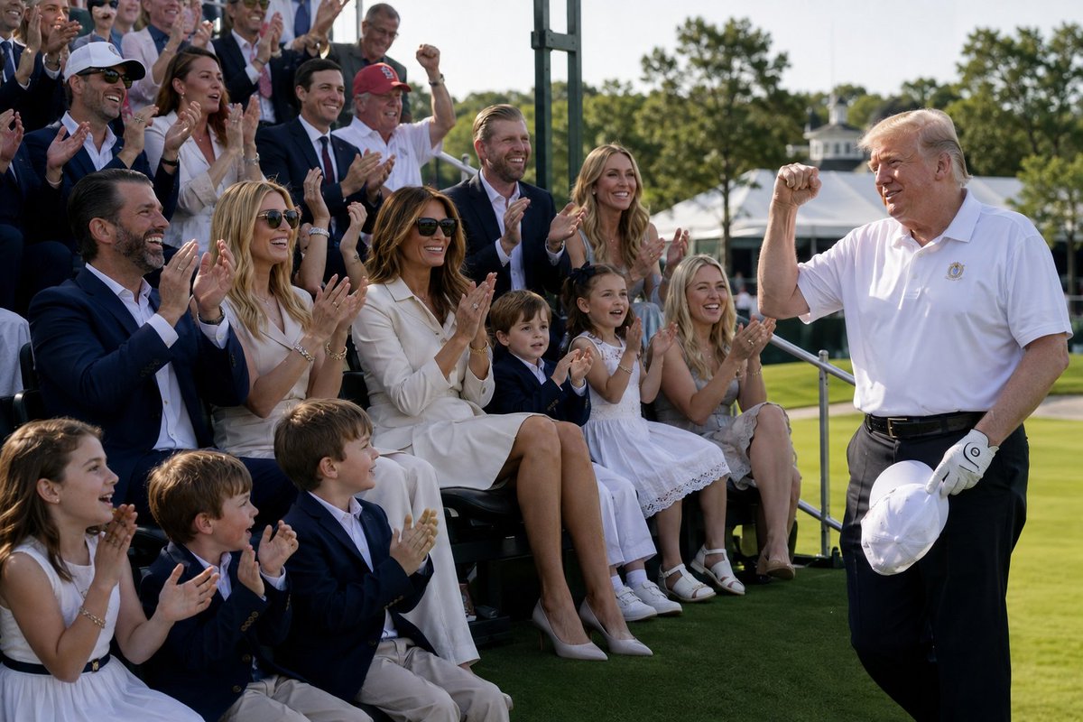 DanicaPavi43369's tweet photo. 🇺🇸 What a moment to remember!
As President Trump celebrates his victory at Bedminster, the smiles and applause from his family say it all. Success means even more when it's shared with the people who have stood by you every step of the way.
Congratulations on another Club Championship victory! ⛳🏆❤️
#Trump #BedminsterClubChampionship