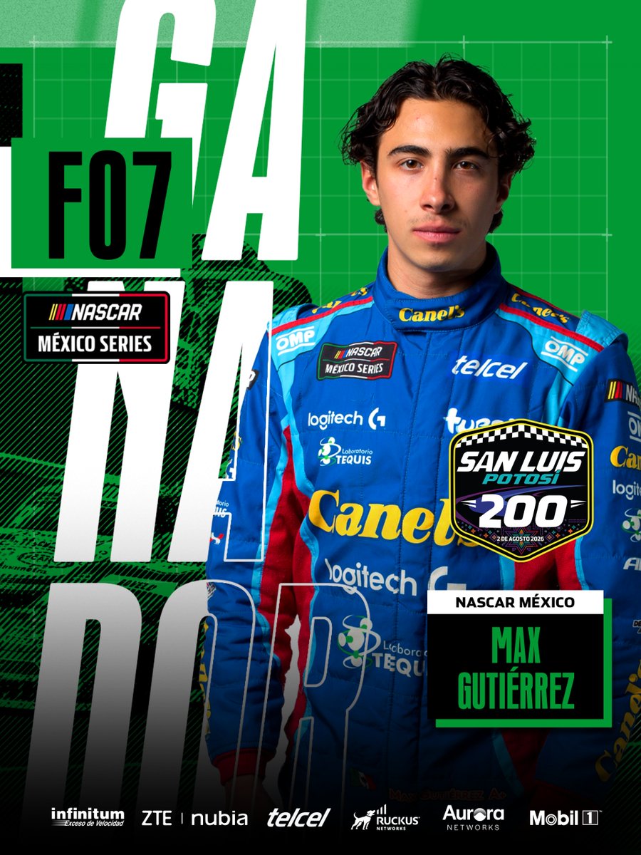 NASCARMex's tweet photo. Triunfo para el equipo de casa‼️

@MaxiGutierrezMX se queda con la victoria en la "San Luis Potosí 200"🏁

#NASCAR #NASCARMéxico #NASCARMx #NASCARSLP #SLP200 https://t.co/RXkQApmC5c