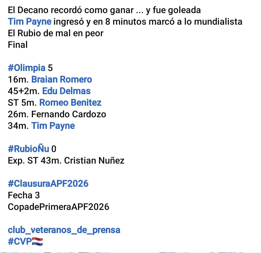 golazotropical1's tweet photo. El Decano recordó como ganar
@TIMPAYNESOL ingresó y en 8 minutos marcó a lo mundialista
Final
#Olimpia 5
16m. Braian Romero
45+2m. @edudelmas
ST 5m. Romeo Benitez
26m. Fernando Cardozo
34m. @timpayne_1
#RubioÑu 0
Exp. ST 43m. Cristian Nuñez
@ClubVeteranos
#CVP🇳🇱 https://t.co/2FVHp9eZJo