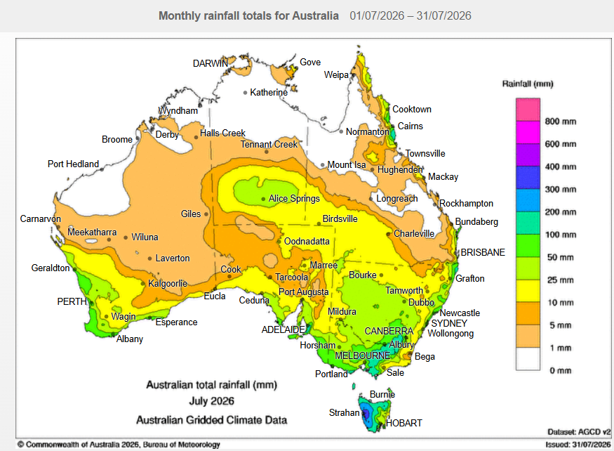 MarketCheck1's tweet photo. July rainfall 🌧️was tough for WA &amp; northern NSW, while it was kinder in southern NSW/VIC. 

Worth nothing a large chunk of July rainfall fell in the first few days of the month, meaning the last few weeks have been dry. 

Forecast shows good rains in SA/VIC/WA to start August🤞 https://t.co/Oh7nto81NO