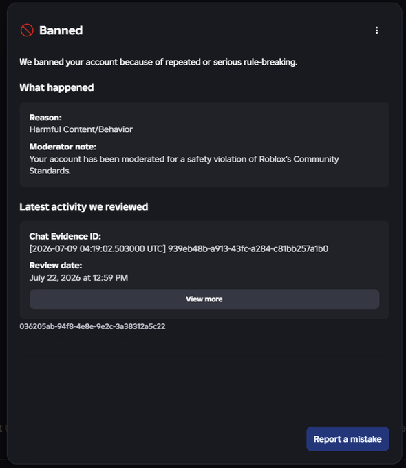 lucasmk2b's tweet photo. Please read, repost So Roblox can see this and unban the affected!! My account has been falsely terminated, user: lucasyoutube100, roblox has yet to respond to me nor unban me! Please repost this issue with chat violation ban wave
@Roblox
@DavidBaszucki
@robloxdevrel
@Roblox_RTC https://t.co/nl3G28zQGV
