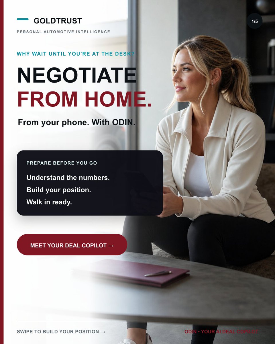 GoldTrustAuto's tweet photo. Why wait until you’re sitting at the dealership to understand the deal?

Prepare from home. See the numbers behind the payment. Build your questions. Then bring ODIN.

Let ODIN handle the numbers. You make the decision.

AI-generated brand character. 1/2 https://t.co/egMMrkUhr6