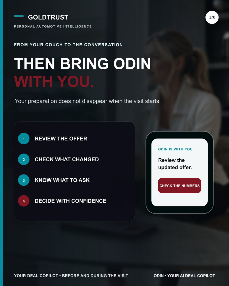 GoldTrustAuto's tweet photo. Why wait until you’re sitting at the dealership to understand the deal?

Prepare from home. See the numbers behind the payment. Build your questions. Then bring ODIN.

Let ODIN handle the numbers. You make the decision.

AI-generated brand character. 1/2 https://t.co/egMMrkUhr6
