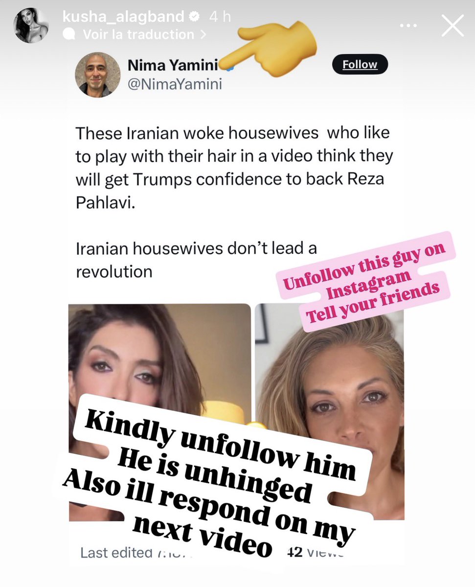 femmeazadi's tweet photo. Can everyone please stop following Nima Yamini? (@NimaYamini ) This psychopath has been harassing many Iranian women for months. So many of us have had to endure his verbal abuse. Now he’s targeting my dear @kusha_alagband as well. He tries to contact us, and when he can’t convince us to talk to him, he starts harassing us. Please, let’s put a stop to him.

He is in contact with supporters and propagandists of the Islamic Republic and has been trying to discredit Prince Pahlavi ever since he felt rejected by many Iranians. There are numerous videos in which he makes extremely violent and abusive remarks about women, ashkénazi jews and gay people. This kind of rhetoric is dangerous.

Please stop following him and stop giving him a platform.

He lives in the United States. If one of our fellow Iranians who is a lawyer in the U.S. is willing to do so, it would be helpful to file a complaint against him there so that he stops his harassment and insults. 

He must be suffering from psychiatric issues. It’s frightening to think that he has a young daughter… Hopefully, he does not treat her the way he treats the Iranian women he harasses.