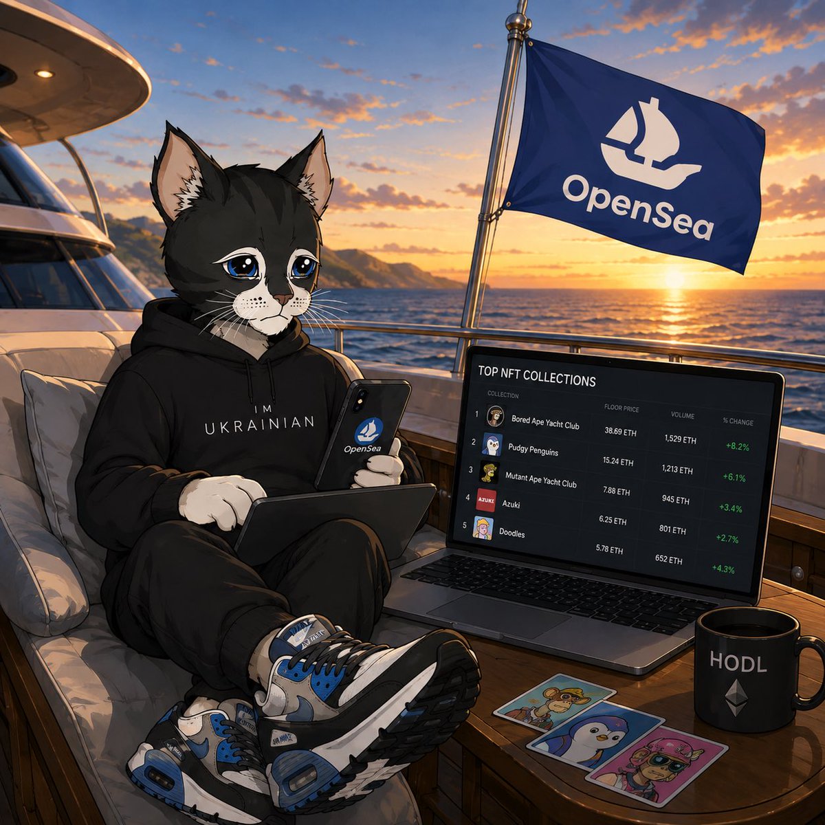 Tokenseeker777's tweet photo. My office today: a yacht, sunset, and OpenSea Mobile. 😼📱⛵️
Scrolling through the top NFT collections while the market does its thing. Couldn’t ask for a better trading view. 🌅

Thanks for the challenge, @opensea!

#osmobile https://t.co/bdP89uGl8Y