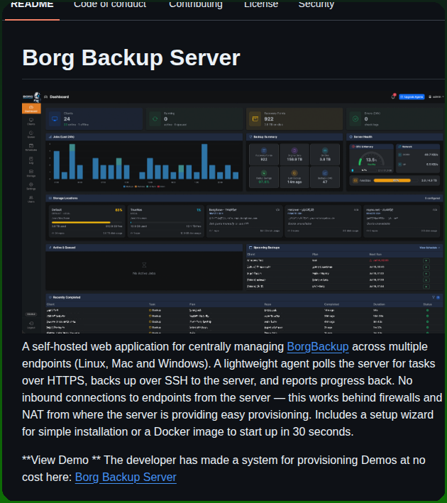Borg Backup Server: 여러 Linux, Mac, Windows 엔드포인트에서 BorgBackup을 중앙 관리하기 위한 셀프 대표 이미지