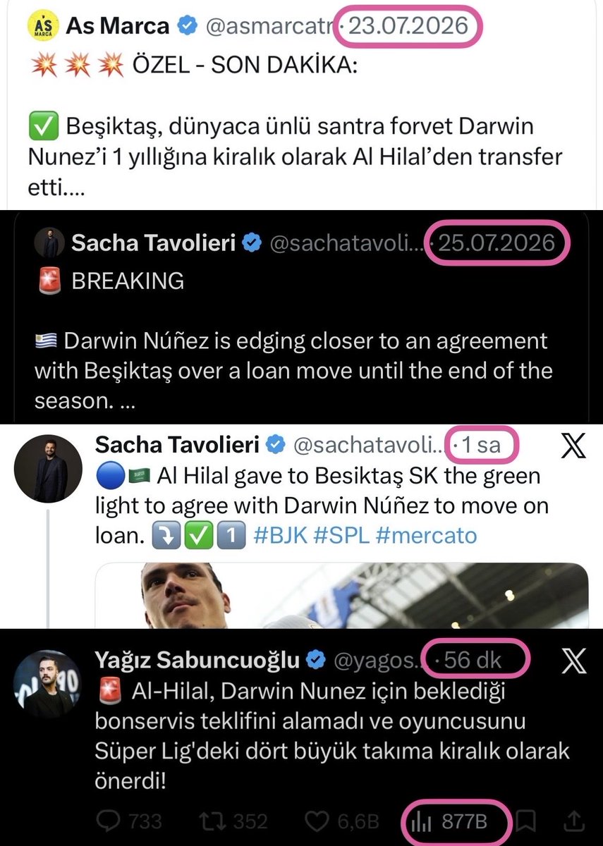 asmarcatr's tweet photo. 🔻23 Temmuz
— AS Marca: “Beşiktaş, Darwin Nunez’i kiralık olarak transfer etti.”

🔻25 Temmuz
— Sacha Tavolieri: “Beşiktaş, Nunez ile anlaşmaya yakın.”

🔻2 Ağustos 23:37
— Sacha Tavolieri: “Beşiktaş, Nunez için Al Hilal ile anlaştı.”

🔻2 Ağustos 23:42
— Yağız Sabuncuoğlu: “Nunez, 4 büyük kulübe önerildi.”

😂😂😂 Hiçbir bilgisi yok.

Yarın bir gün Nunez Beşiktaş’a gelince bu twite ✅✅✅ diye alıntılayarak bu haberi kendi tutturduğunu iddia edecek.

Çocuklarınızın bu elemanı takip etmesine, algılarına düşmesine ve buna para kazandırmasına engel olun.