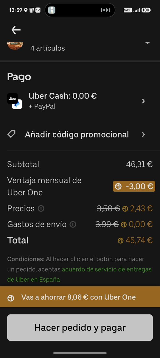 GoldFran's tweet photo. El timo de #uberone donde te dicen que te ahorras 8€ para descontaré 2,50... Vamos que te ahorras unos pocos de céntimos  del total... @UberEats @ubereats_es https://t.co/rNQo77TKua