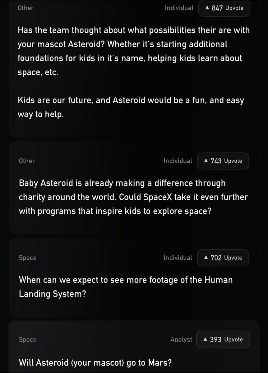 Aurelius0121's tweet photo. SpaceX Q2 earnings Q&amp;A is in just two days.

The #1 most upvoted question is about $ASTEROID, and 2 of the top 4 questions are about $ASTEROID.

That’s the kind of organic attention you can’t manufacture. The narrative is getting stronger every day. https://t.co/w18hhZwCdC
