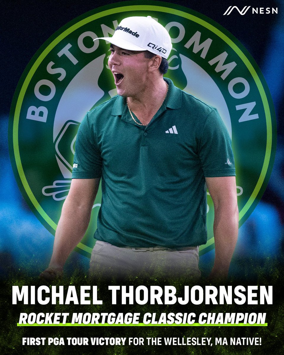 NESN's tweet photo. Wellesley, MA native Michael Thorbjornsen (@commongolf) earned his first PGA Tour win! 🏆🐸👏

A 7-under 63 in the final round to surge into 1st at the @RocketClassic 🚀 https://t.co/EKynfrkKzQ