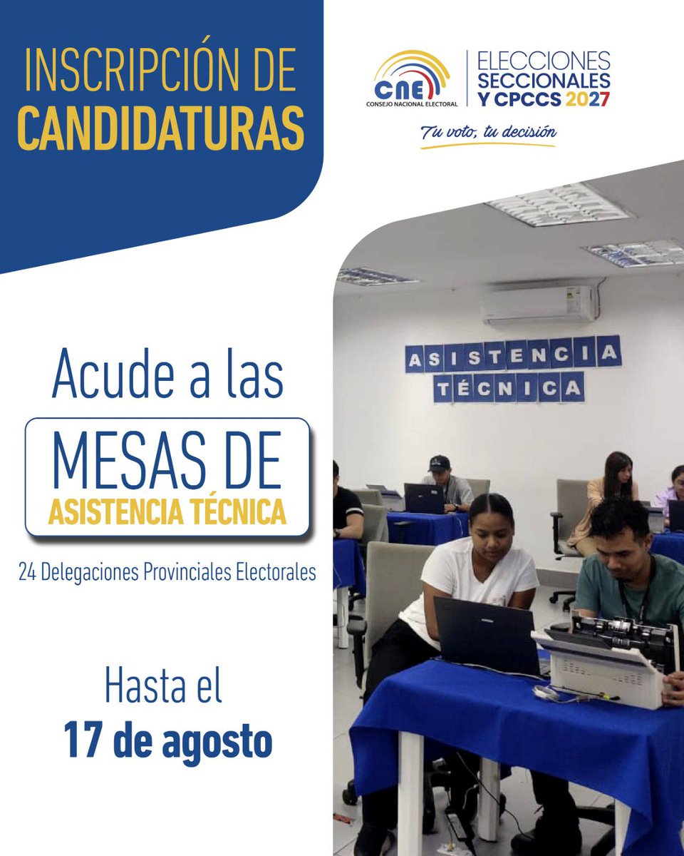 CNE_LosRios's tweet photo. 🗳️ El #CNE brinda acompañamiento permanente a las organizaciones políticas mediante las mesas de #AsistenciaTécnicaCNE habilitadas en las 24 Delegaciones Provinciales Electorales.

Recibe orientación para la #InscripciónCandidaturasEc hasta el 17 de agosto. 
#Elecciones2027Ec 🇪🇨 https://t.co/8zHPObyUMH