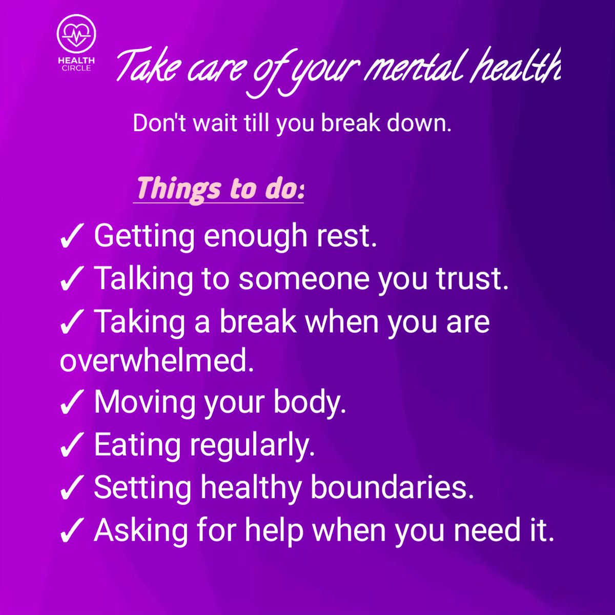 HealthCircle001's tweet photo. Good evening fams😊
Sorry for the late post😔This country and electricity issues😂

We usually focus more on taking care of our bodies.........

But what of our minds?

What is one thing that helps you feel mentally refreshed❔👇👇
Let's grow healthy together😊 https://t.co/d6xumNHexh
