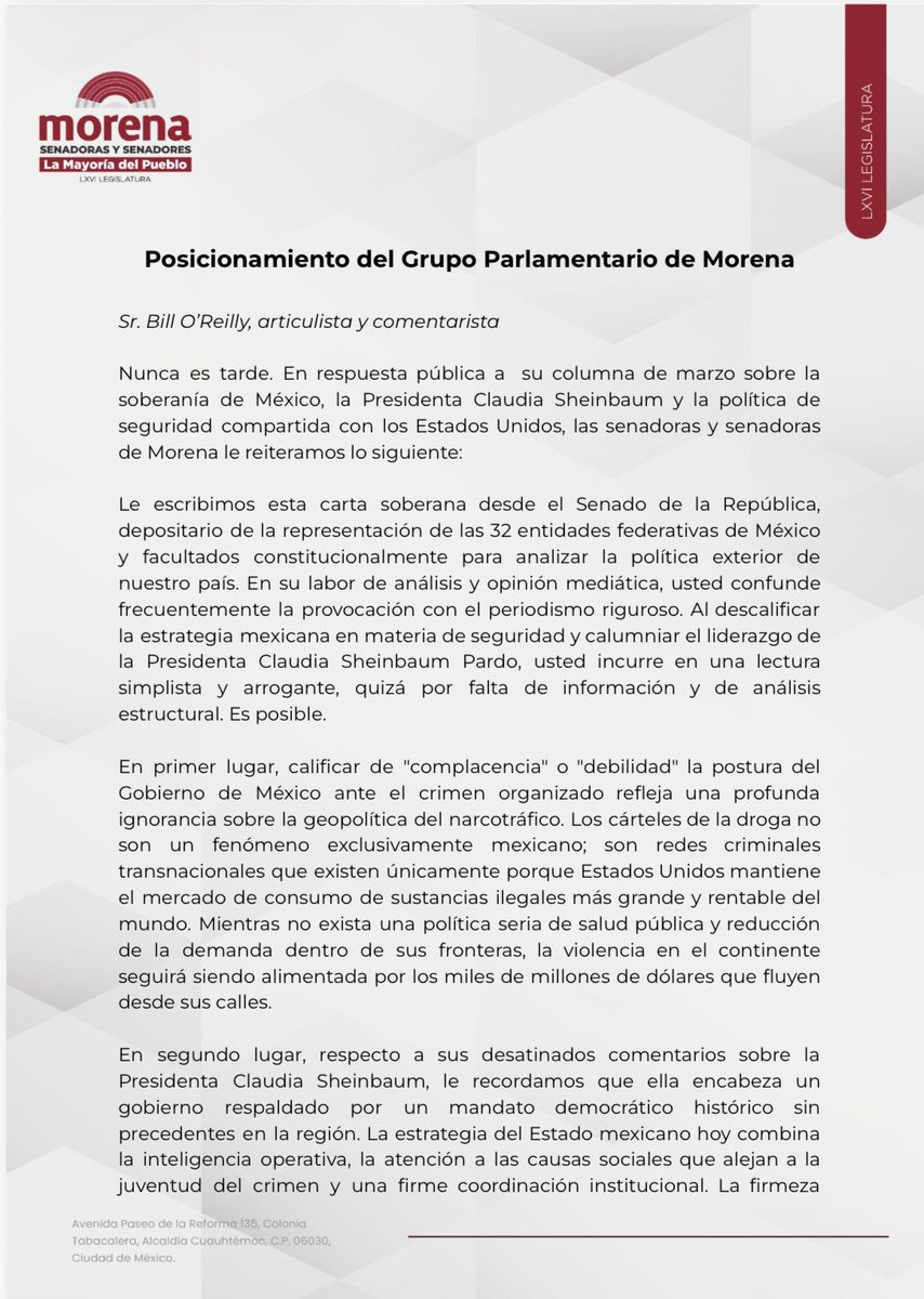MorenaSenadores's tweet photo. Posicionamiento del Grupo Parlamentario de Morena respecto de las opiniones emitidas por Bill O’Reilly https://t.co/T45DGiQGJ1